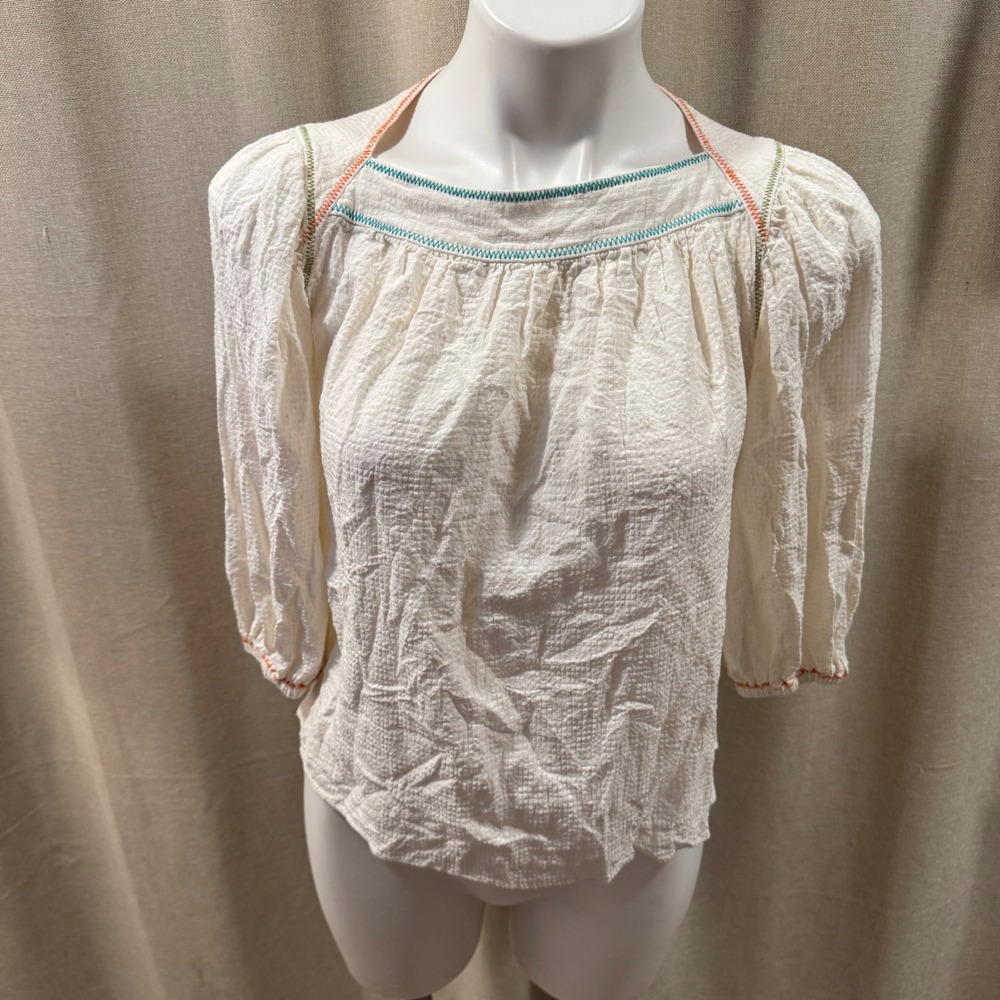 Current Air Los Angeles‎ Cream Embroidered Peasant Top Blouse Womens XS